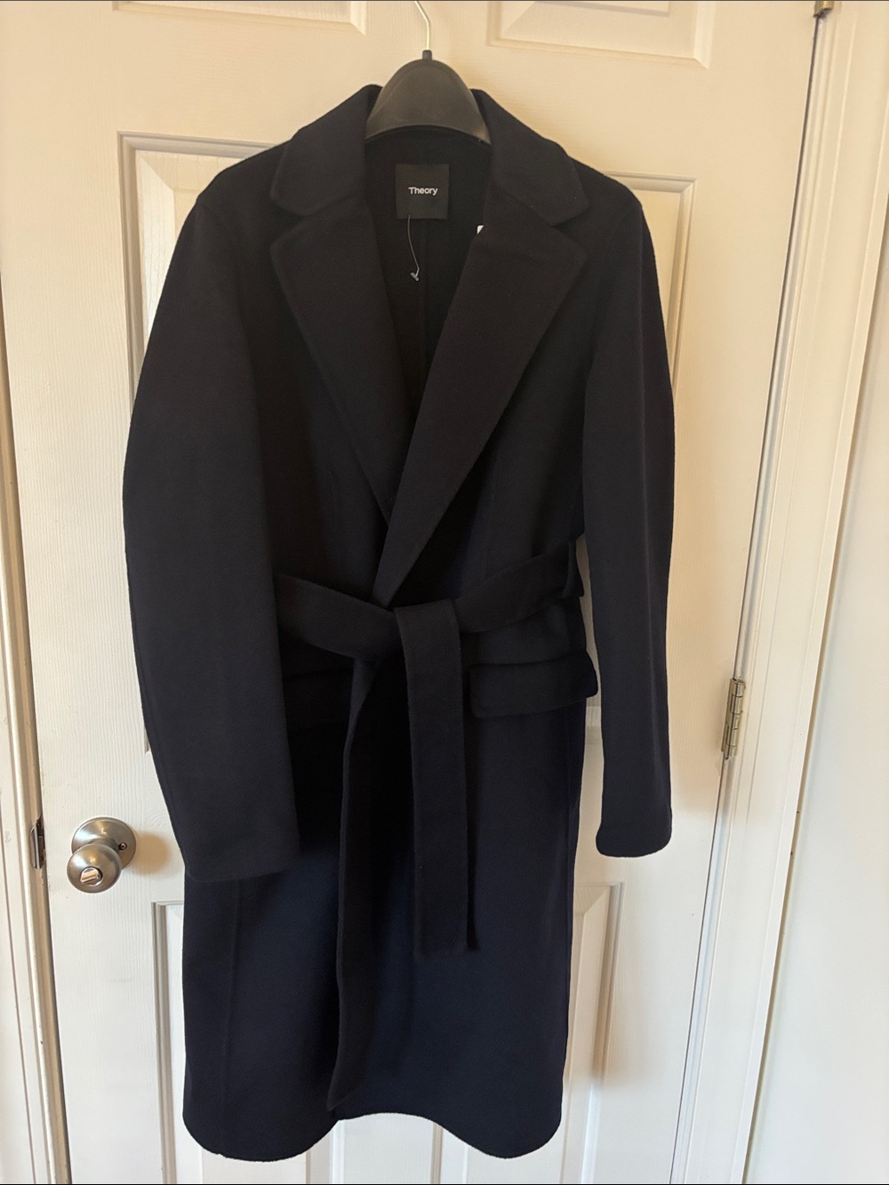 Theory Navy Belted Wool Trench Coat